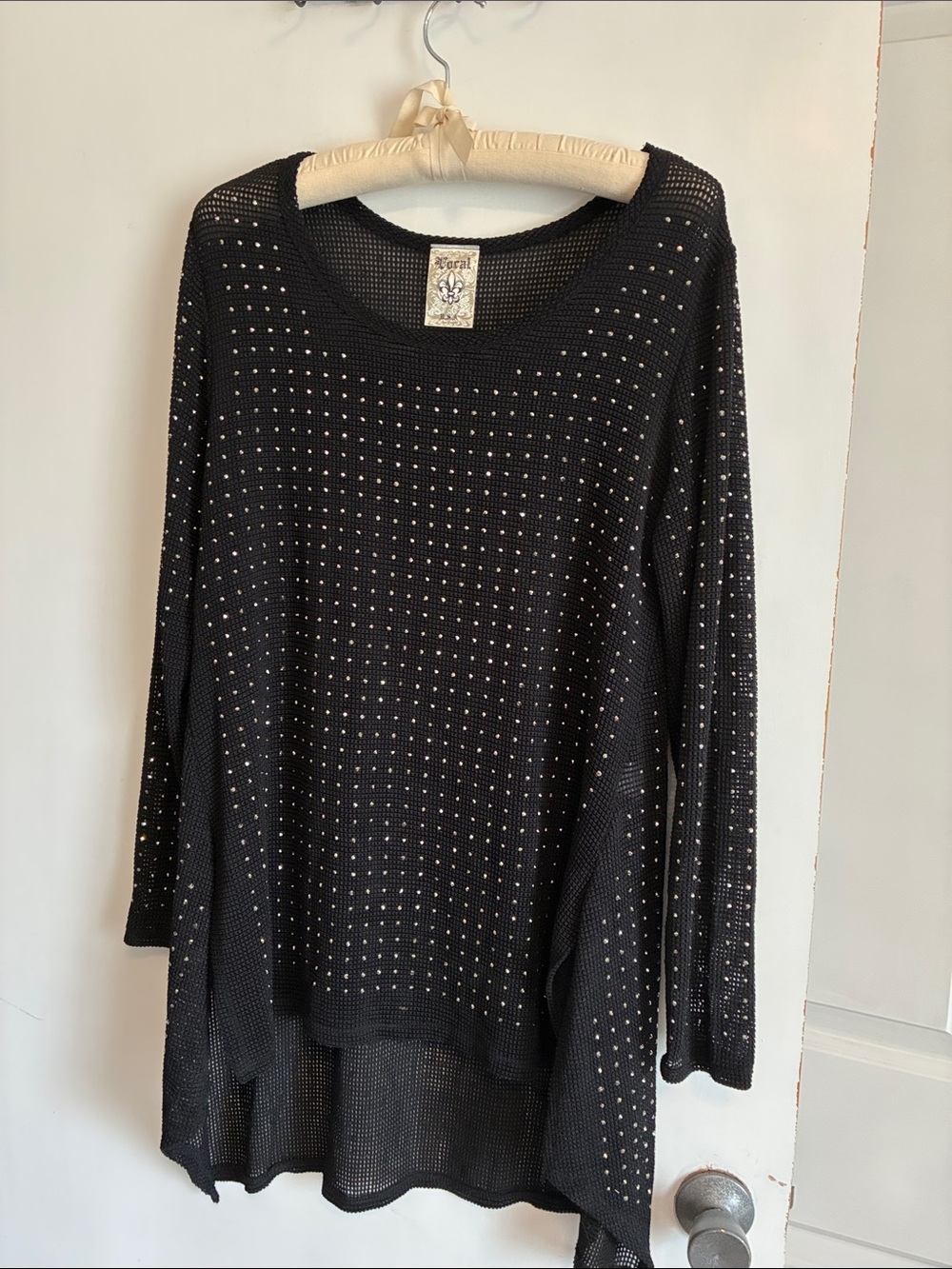 Vocal Black Open-Knit Long Sleeve Sweater with Stud Detail